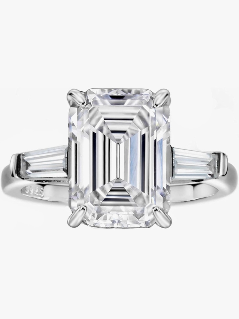 4ct Emerald Cut CZ with Tapered Baguettes in S925. Size 5